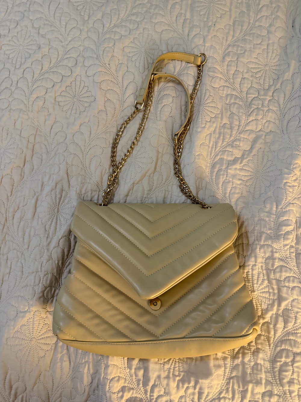 Quilted Chevron Shoulder Bag in Light Yellow with Gold Chain